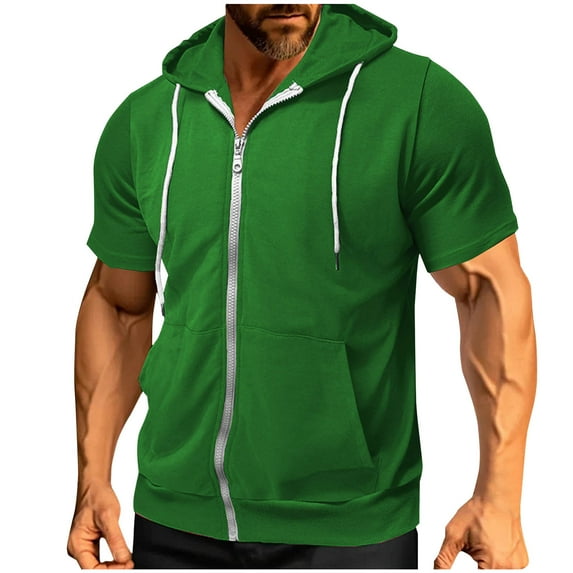 Men's Short Sleeve Hoodies Solid Color Zip Up Jackets with Hood Green XXL