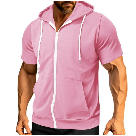 Men's Short Sleeve Hoodies Solid Color Zip Up Jackets with Hood Pink L