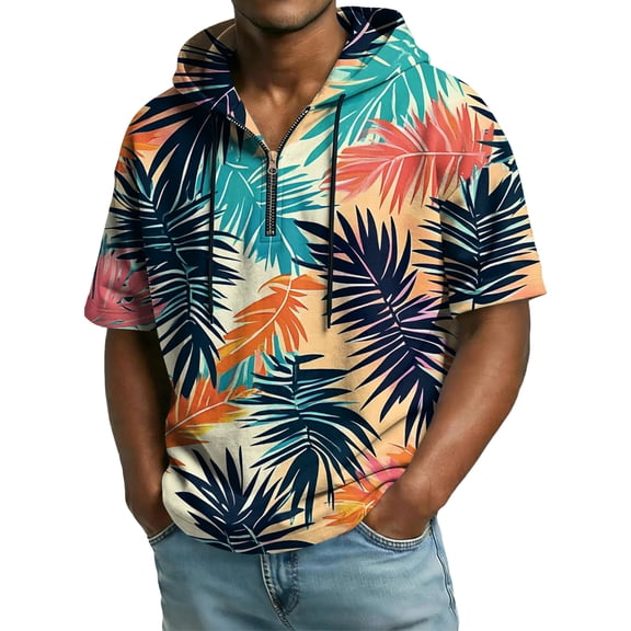 Men's Short Sleeve Hoodies Workout Gym 1/4 Zip Up Hwaiian Pattern Hooded T-Shirts with Drawstring Running Sweatshirts