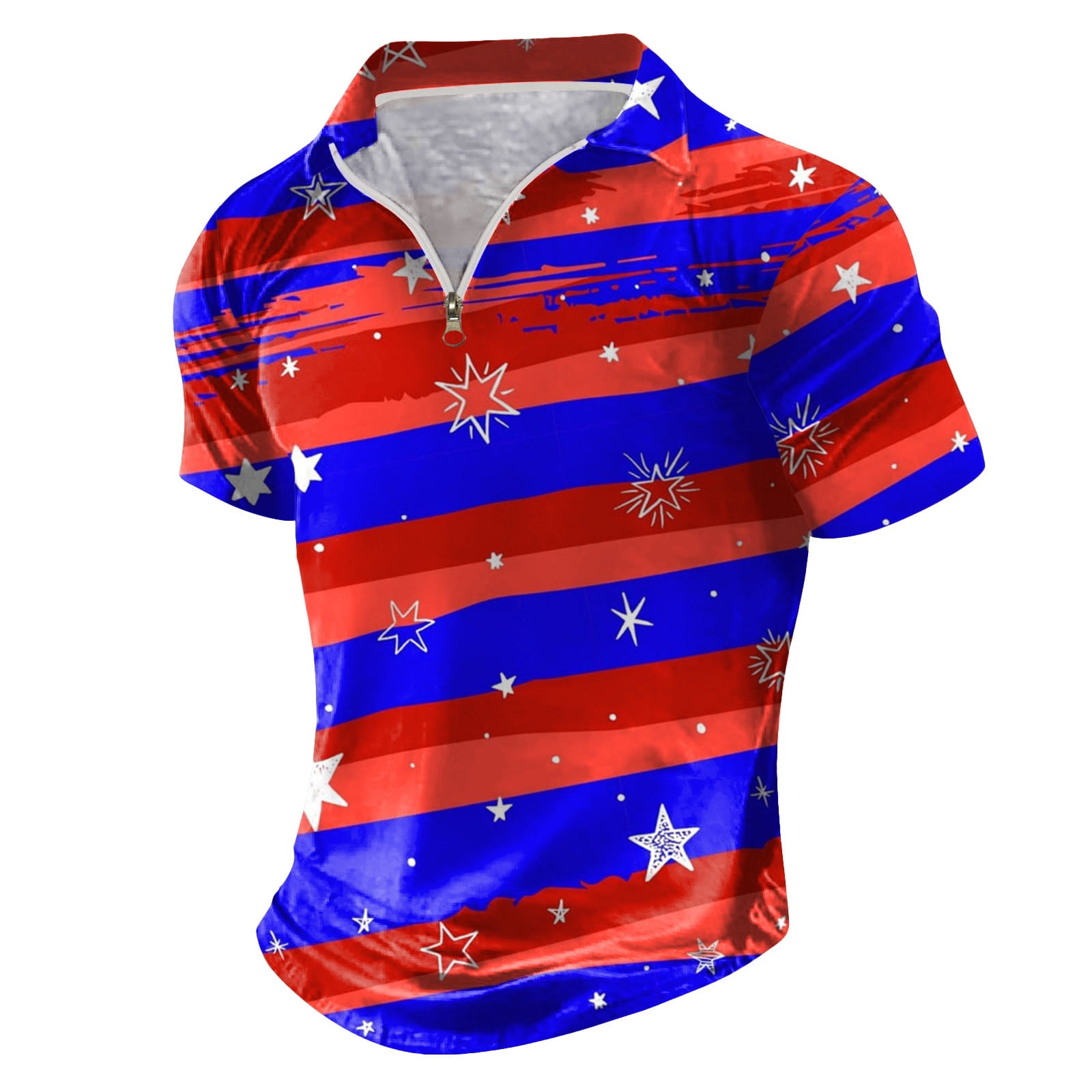 Men's Short Sleeve Independence Day Prints Zip Up Lapel T Shirt Summer