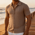 thumbnail image 1 of Men's Short Sleeve Knit Button-Down Shirt, Textured Cable Knit Polo Collar Casual Summer Shirt, 1 of 12