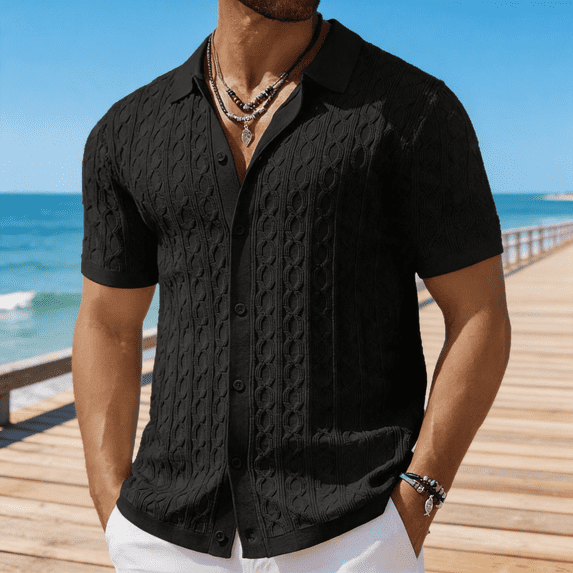 Men's Short Sleeve Knit Button-Down Shirt, Textured Cable Knit Polo Collar Casual Summer Shirt