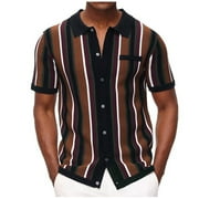 YANHOO Men’s Short Sleeve Knit Button Down T-Shirts Slim Fit Vintage Stripe Lapel Sweater Casual Business Dress Shirt