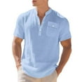 thumbnail image 1 of Men's Short Sleeve Linen Shirts Lightweight Button Henley Solid Tops with Pocket Summer Beach Vacation Casual Loose Tees Light Blue S, 1 of 8