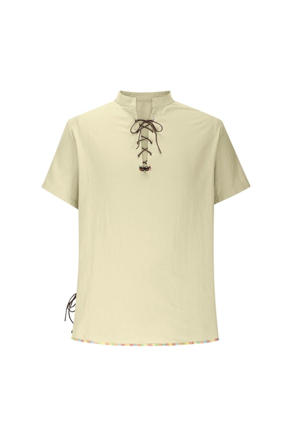 Men's Short Sleeve Mandarin Collar Casual Shirt with Drawstring Detail for Beach and Vintage Style