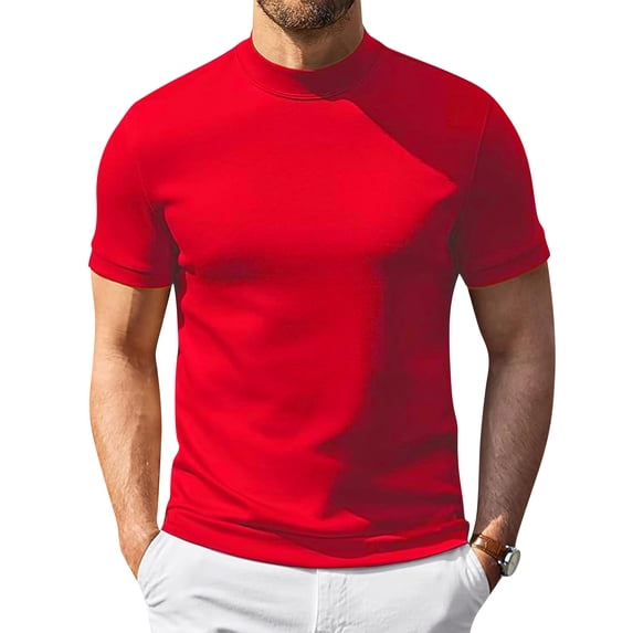 Men's Short Sleeve Mock Neck Pullover Sweaters Casual Stylish Slim Fit Basic Top Silk-Like Fabric Red L