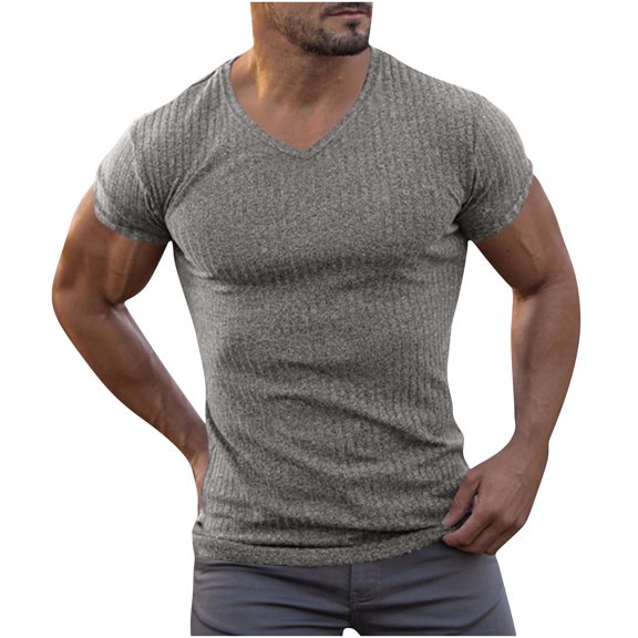 Men's Short Sleeve Muscle Fit V Neck Ribbed T-Shirt Athletic Workout Bodybuilding Tee Stretchy Heathered Vertical Stripe Textured Knit for Sports