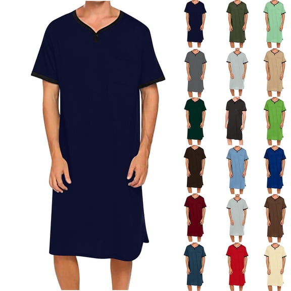 Men's Short Sleeve Nightshirt Sleepwear Lightweight Breathable Lounge Shirt with Pocket Loose Fit Summer Home Wear