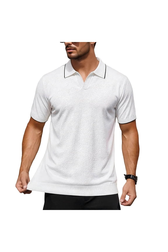Men's Short Sleeve Old Money Style Golf Shirts Cotton Textured Knit Open Collared V Neck Top Summer Business Casual Clothing for Men