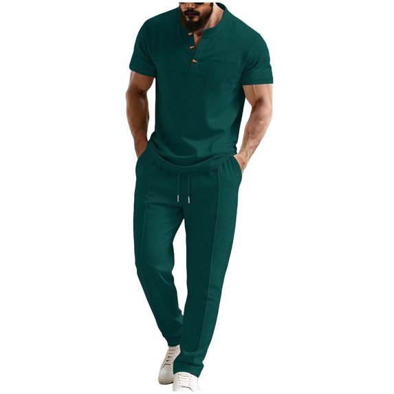 Men's Short Sleeve Outfits Waffle Knit Henley Shirt and Long Pants Set Casual 2 Pieces Summer Beach Tracksuits with Pockets Big and Tall Size S-3XL Green