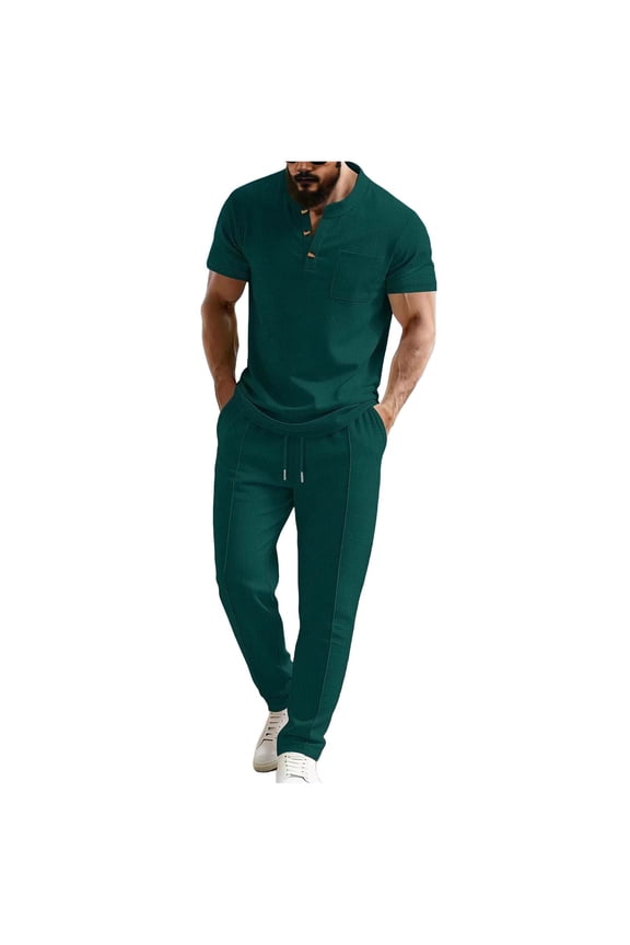 Men's Short Sleeve Outfits Waffle Knit Henley Shirt and Long Pants Set Casual 2 Pieces Summer Beach Tracksuits with Pockets Big and Tall Size S-3XL Green