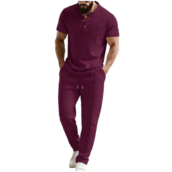 Men's Short Sleeve Outfits Waffle Knit Henley Shirt and Long Pants Set Casual 2 Pieces Summer Beach Tracksuits with Pockets Big and Tall Size S-3XL Wine