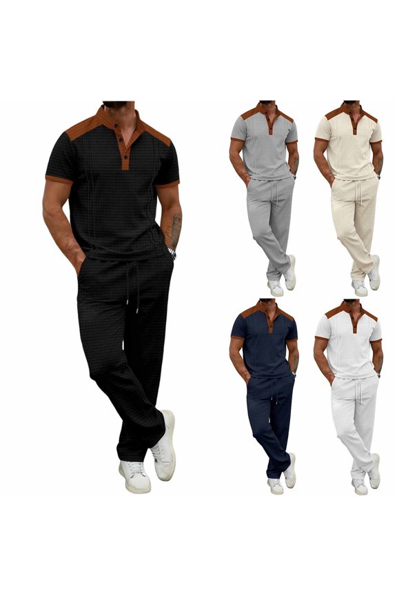 Men's Short Sleeve Outfits Waffle Knit Henley Shirt and Pants Set Casual 2 Pieces Summer Tracksuits with Pockets Size 3XL White