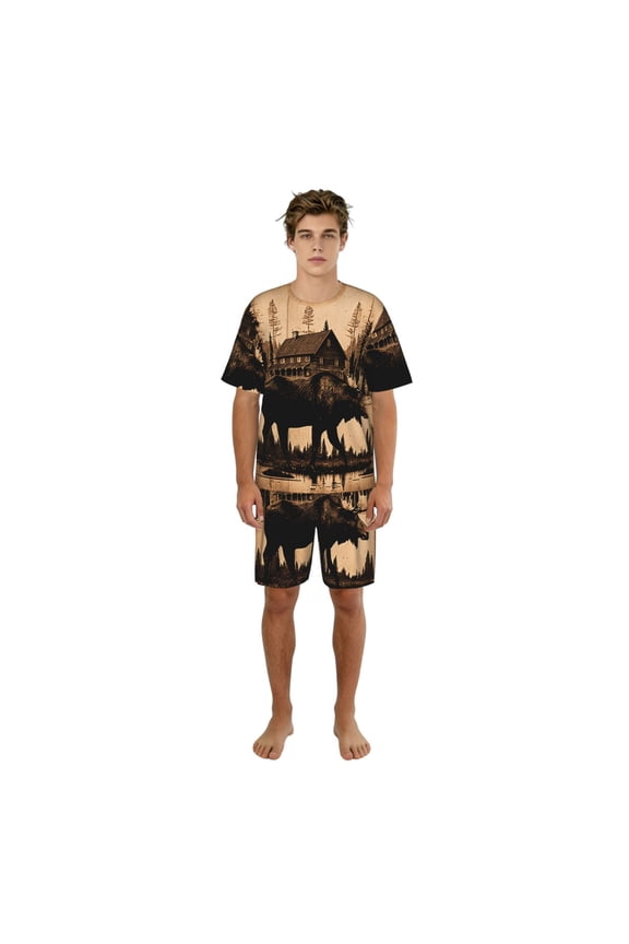 Men's Short Sleeve Pajama Set 2-Piece Loungewear Sleepwear Top and Shorts, Rustic Lodge Moose Deer Vintage