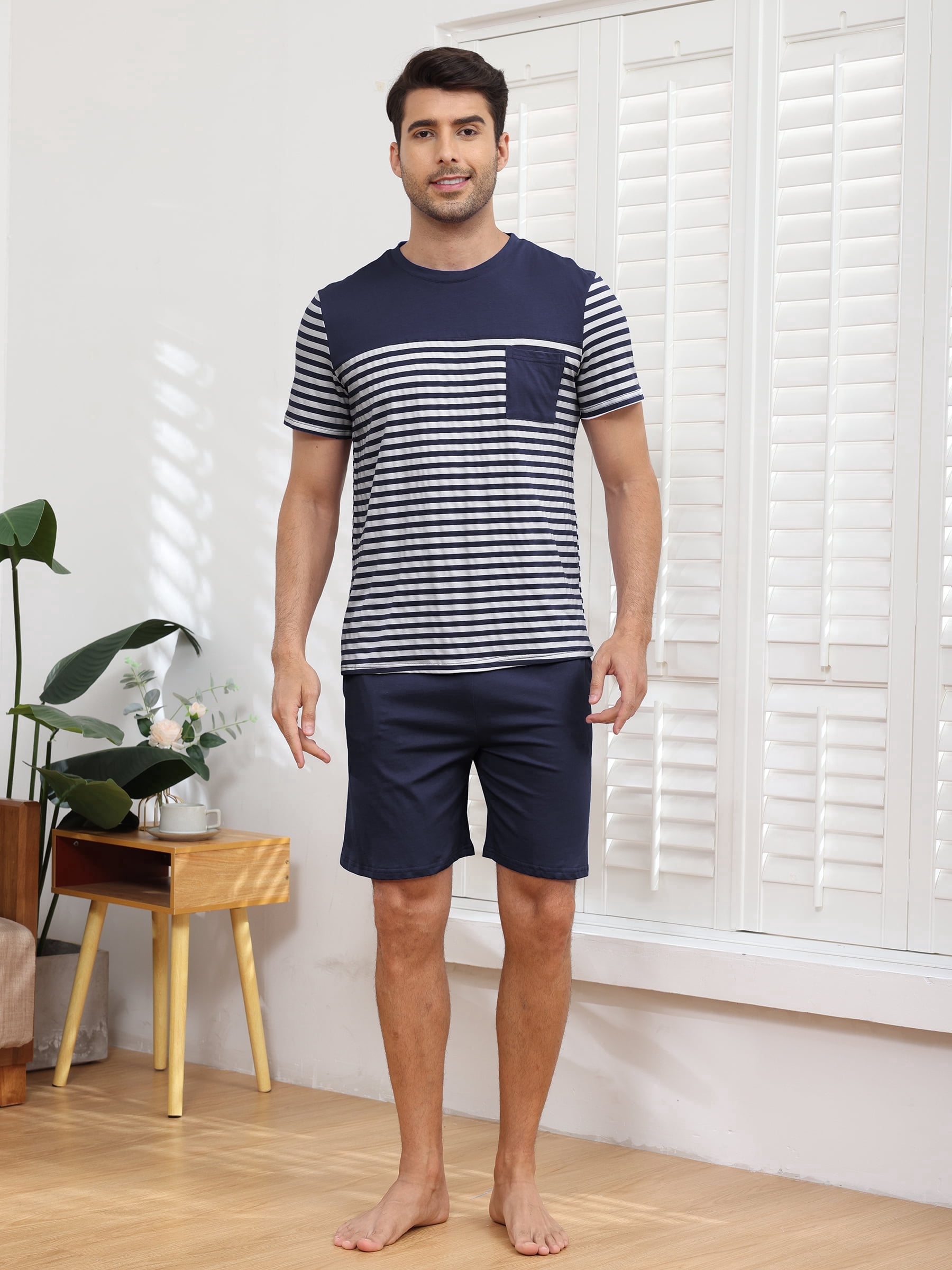 Men's Short Sleeve Pajama Sets 2 Pieces Men Cotton Pajamas Sets with ...