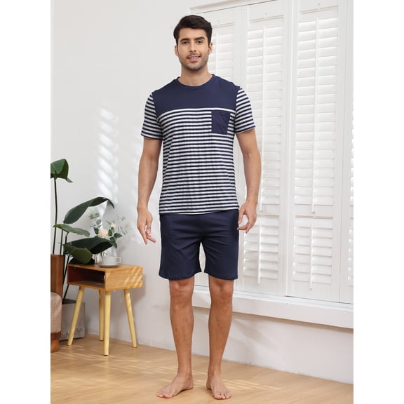 Men's Short Sleeve Pajama Sets 2 Pieces Men Cotton Pajamas Sets with Shorts Men Summer Sleepwear Set with Pockets, S-XXL