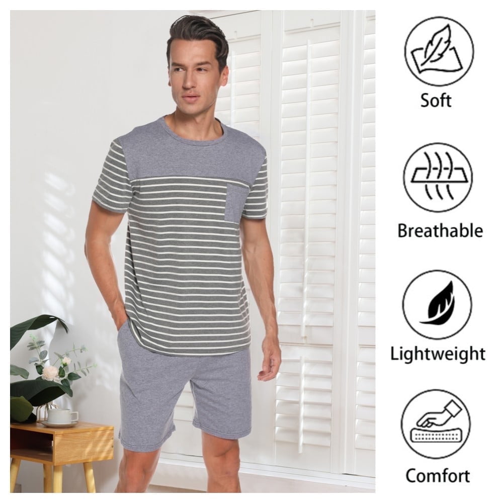 Men's Short Sleeve Pajama Sets 2 Pieces Men Cotton Pajamas Sets with ...