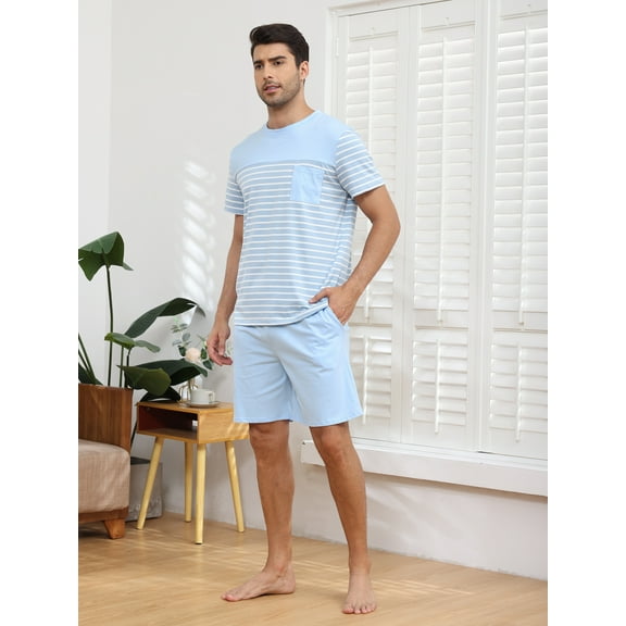 Men's Short Sleeve Pajama Sets 2 Pieces Men Cotton Pajamas Sets with Shorts Men Summer Sleepwear Set with Pockets, S-XXL