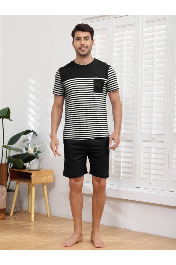 Men's Short Sleeve Pajama Sets 2 Pieces Men Cotton Pajamas Sets with Shorts Men Summer Sleepwear Set with Pockets, S-XXL