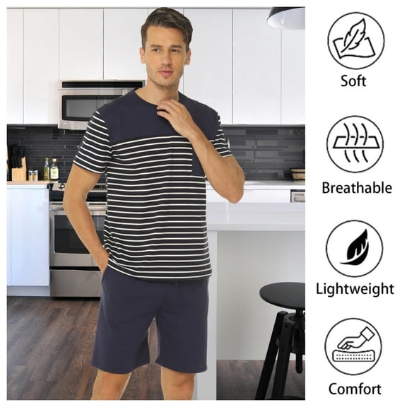 Men's Short Sleeve Pajamas 2 Pieces Mens Striped Cotton Pajamas Set Mens Summer Pajamas Sets, L-2XL