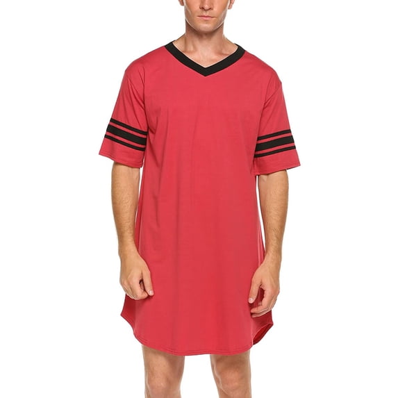 Men's Short Sleeve Pajamas Soft Stripe Printed Sleepwear Nightgown Comfy Loose Night Shirts