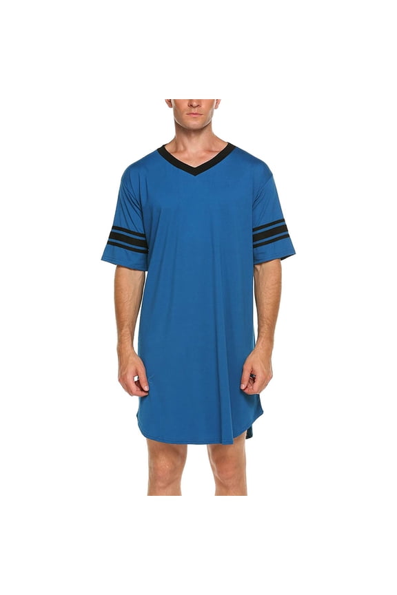 Men's Short Sleeve Pajamas Soft Stripe Printed Sleepwear Nightgown Comfy Loose Night Shirts