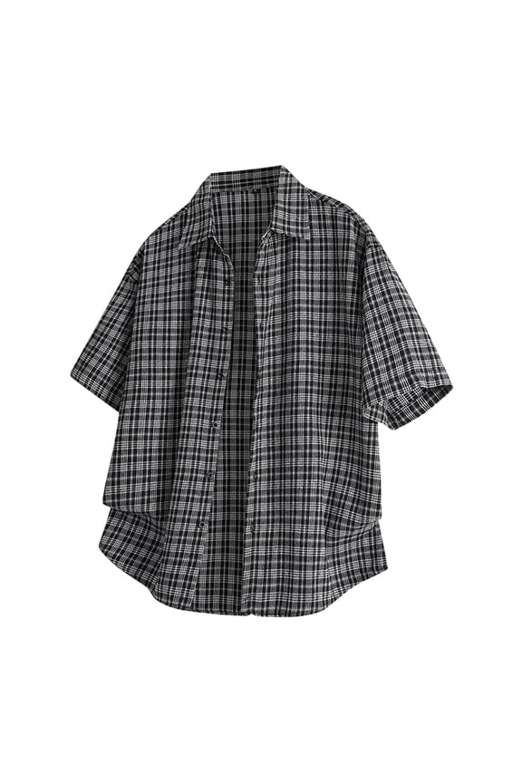Men's Short Sleeve Plaid Button Down Shirt Oversized Checkered Retro Streetwear Fashion Woven Texture Soft Breathable Summer Tops Father's Day Gift for Dad
