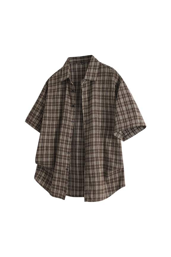 Men's Short Sleeve Plaid Button Down Shirt Oversized Checkered Retro Streetwear Fashion Woven Texture Soft Breathable Summer Tops Father's Day Gift for Dad