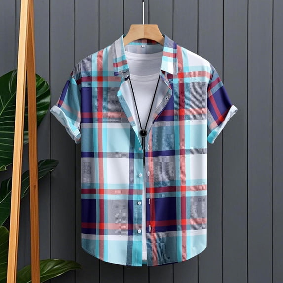 Men's Short Sleeve Plaid Button Down Shirts Stretch Casual Summer Beach Vacation Tops Lightweight Quick Dry Checkered Aloha Cardigan Shirt for Cruise Holiday