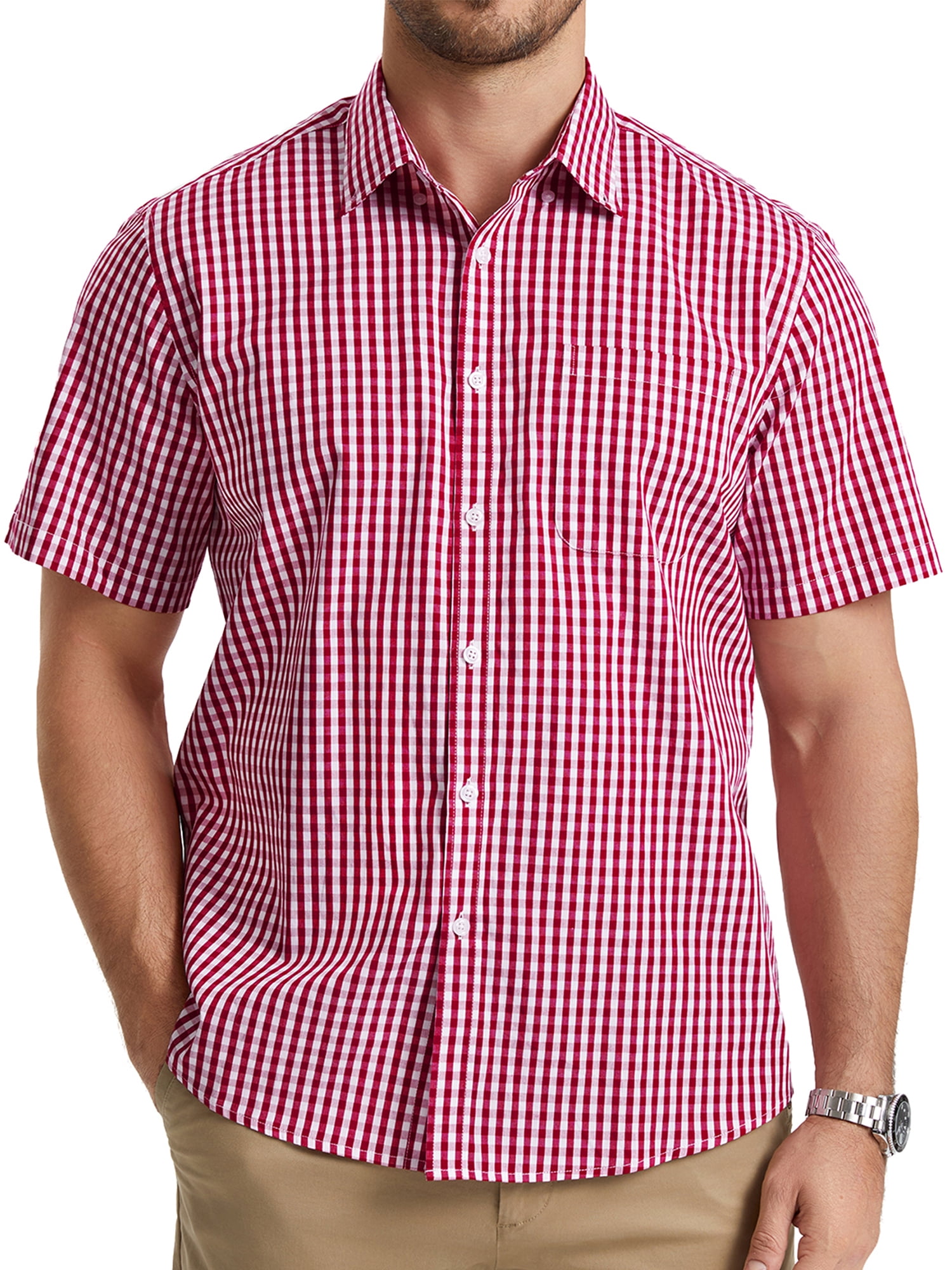Mens Plaid Shirts Short Sleeve Summer Button Down Shirt Formal Business Work Red Shirts with Pocket