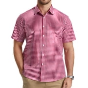 Mens Plaid Shirts Short Sleeve Summer Button Down Shirt Formal Business Work Red Shirts with Pocket