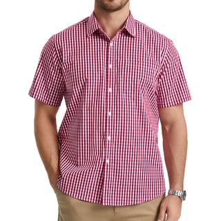 Mens Plaid Shirts Short Sleeve Summer Button Down Shirt Formal Business Work Red Shirts with Pocket