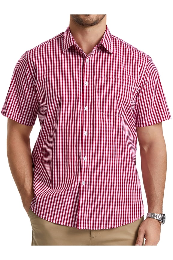 Mens Plaid Shirts Short Sleeve Summer Button Down Shirt Formal Business Work Red Shirts with Pocket