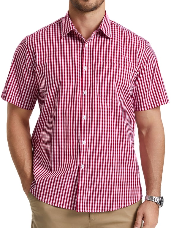 Mens Plaid Shirts Short Sleeve Summer Button Down Shirt Formal Business Work Red Shirts with Pocket