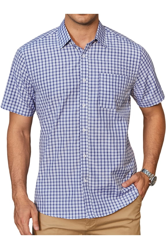 Men Short Sleeve Plaid Shirts Casual Button Down Shirts Summer Work Blue Shirt Regular Fit Tops L