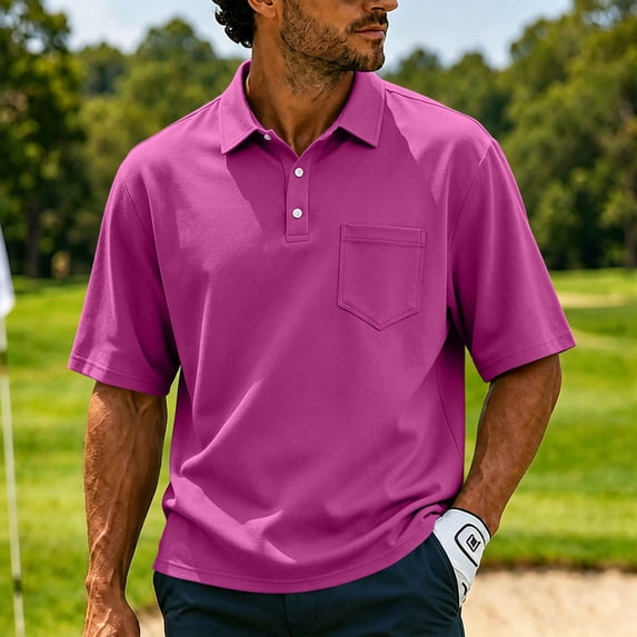 Men's Short Sleeve Polo Shirt with Chest Pocket, Solid Color Collared Button Up Casual Top, Lightweight Breathable Summer T-Shirt for Work Golf Outdoor Daily Wear 20-Purple L