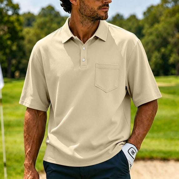 Men's Short Sleeve Polo Shirt with Chest Pocket, Solid Color Collared Button Up Casual Top, Lightweight Breathable Summer T-Shirt for Work Golf Outdoor Daily Wear 10-Khaki XL
