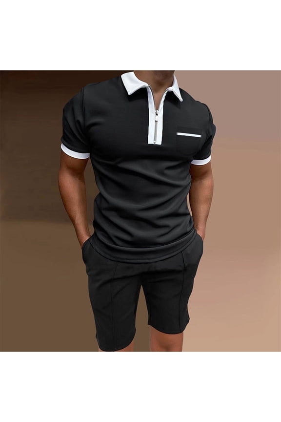 Men's Short Sleeve Polo Shirt & Shorts set Summer Two Piece Outfits Pockets zip Tracksuit Casual Athletic Sports