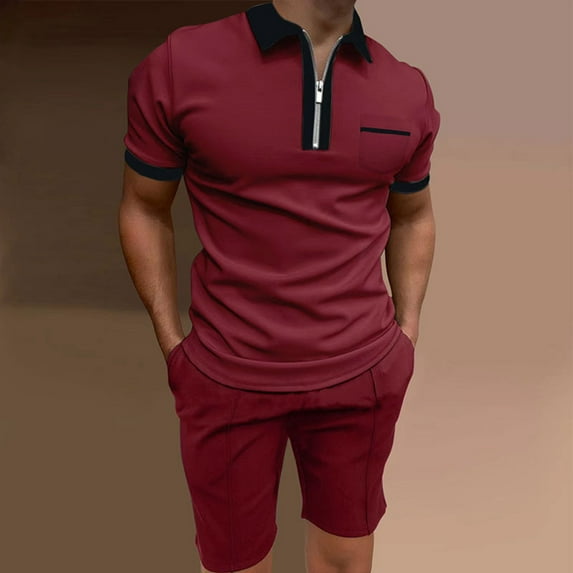 Men's Short Sleeve Polo Shirt & Shorts set Summer Two Piece Outfits Pockets zip Tracksuit Casual Athletic Sports