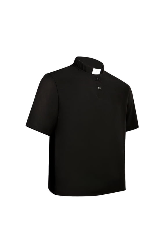 Men's Short Sleeve Polo Shirt Tab Collar Summer Casual Top Black Collared Shirt for Pastor Minister Preacher Church