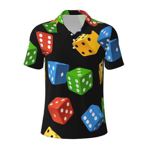 Men's Short Sleeve Polo Shirt Top Business Casual Breathable Golf Top, Dice Pattern Colorful Cube
