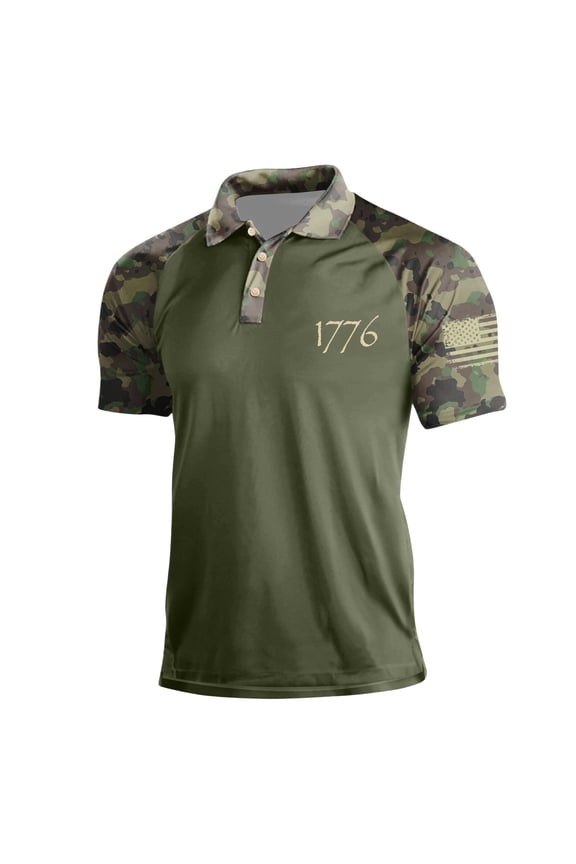 Men’s Short Sleeve Polo Shirt with Digital Camouflage Print Raglan Sleeves and 1776 Number Embroidery Classic Collar Button Placket Army Green 4XL