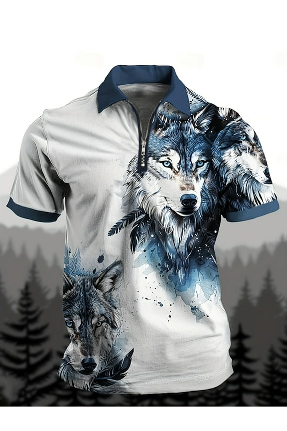 Men's Short Sleeve Polo Shirts 1/4 Zip Quick Dry Golf Polo Shirt Summer Outdoor Lightweight Short Sleeved Shirts White wolf L