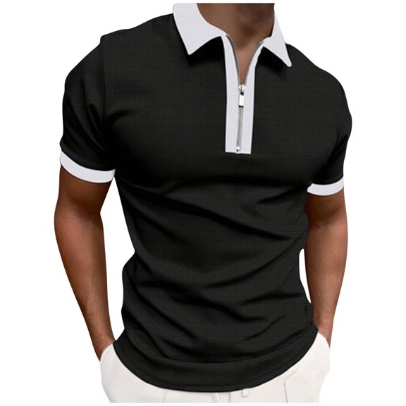 Men's Short Sleeve Polo Shirts Quarter-Zip Color Blocked Blouse Summer Casual Slim Fit Pullover