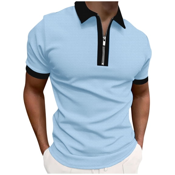 Men's Short Sleeve Polo Shirts Quarter-Zip Color Blocked Blouse Summer Casual Slim Fit Pullover