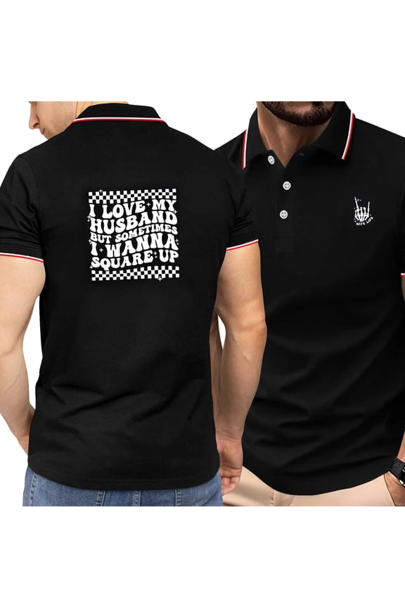 Men's Short Sleeve Polo Shirts Summer Fashion Letter Print Tee Tops Casual Button Lapel Graphic Work T-Shirt Black 3XL
