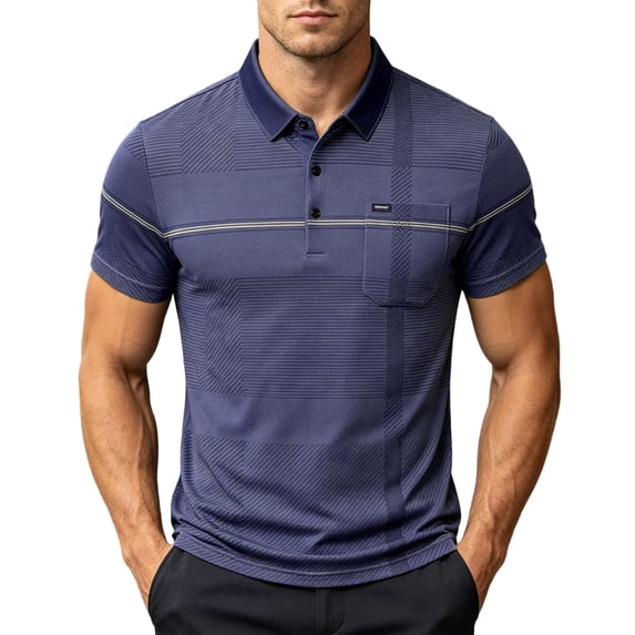 Men’s Short Sleeve Quick Dry Moisture Wicking Golf Polo Shirt with Pocket Bussiness Casual Striped Tee Tops for Middle-aged Size 3XL Navy