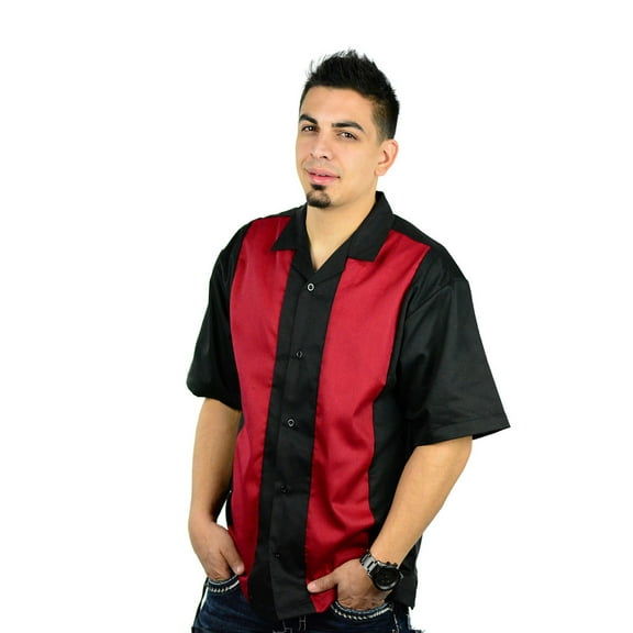 Men's Short Sleeve Retro Bowling Camp Shirt By Mato & Hash - Black/Deep Red CA5000 XL