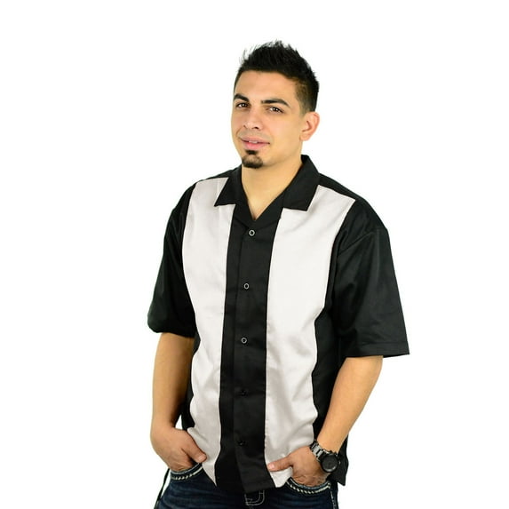 Men's Short Sleeve Retro Bowling Camp Shirt By Mato & Hash - Black/Ivory CA5000 S