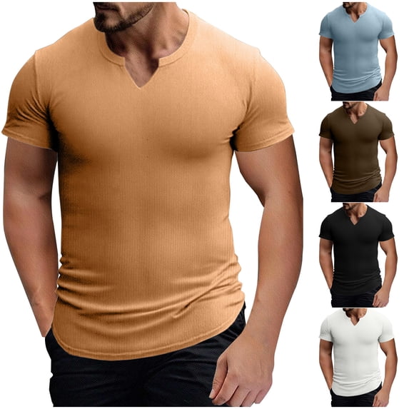 Men's Short Sleeve Ribbed Knit Henley Shirt Slim Fit Muscle T-Shirts Summer Solid Color Split V Neck Casual Beach Top Soft Stretch Lightweight Fashion Athletic Tee